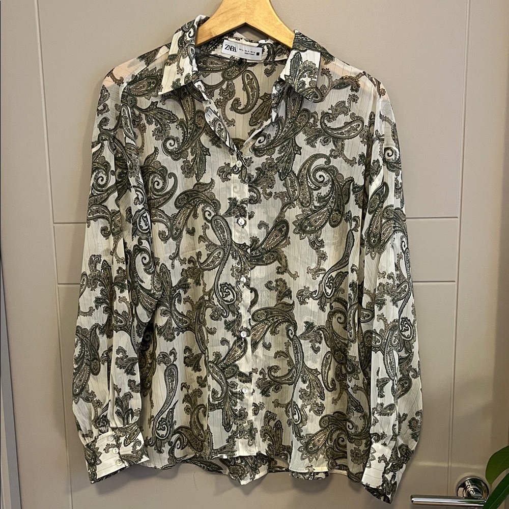 Zara Sheer Button Up Paisley Shirt